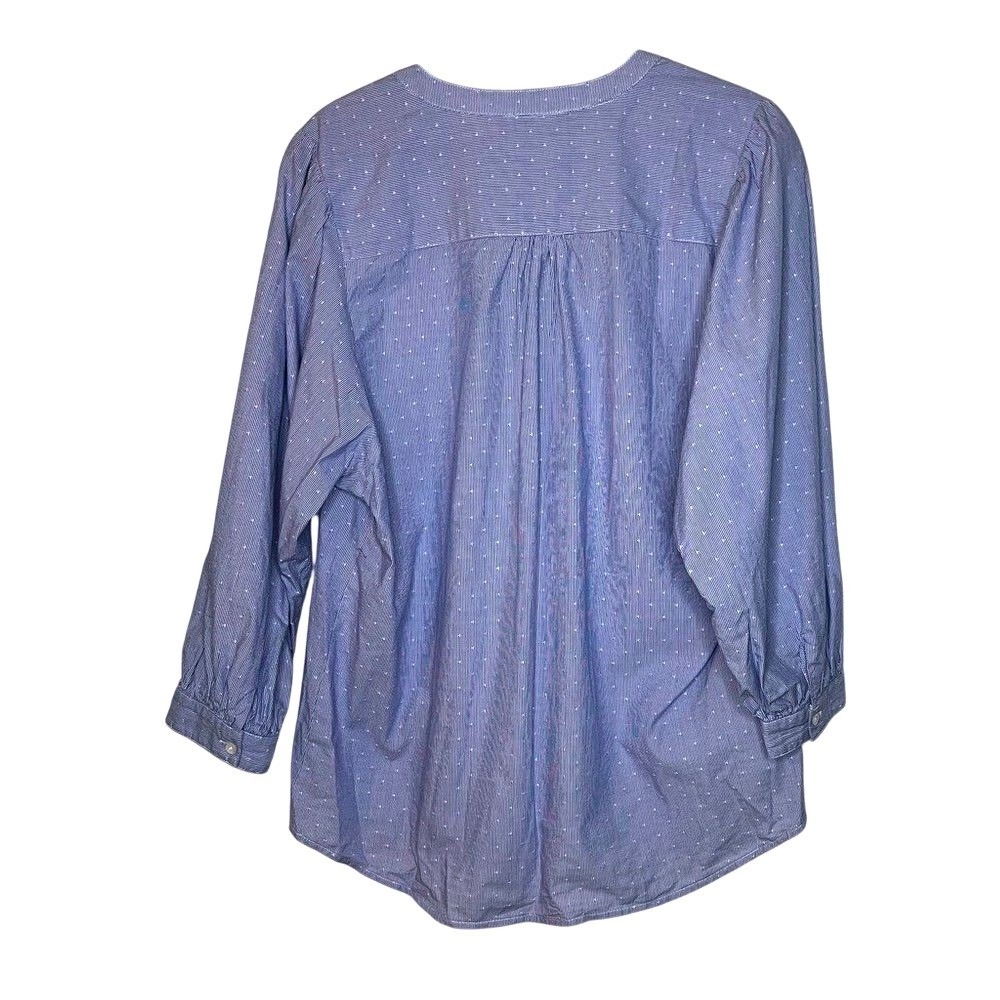 J.McLaughlin Womens Blue White Pinstripe Dotted Cotton Blouse Split Neck Size M - Picture 2 of 6